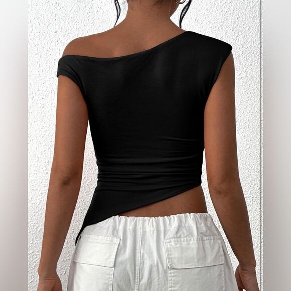 Womens Off The Shoulder Sleeveless One Shoulder Ruched Asymmetrical Y2K crop top - Picture 2 of 10
